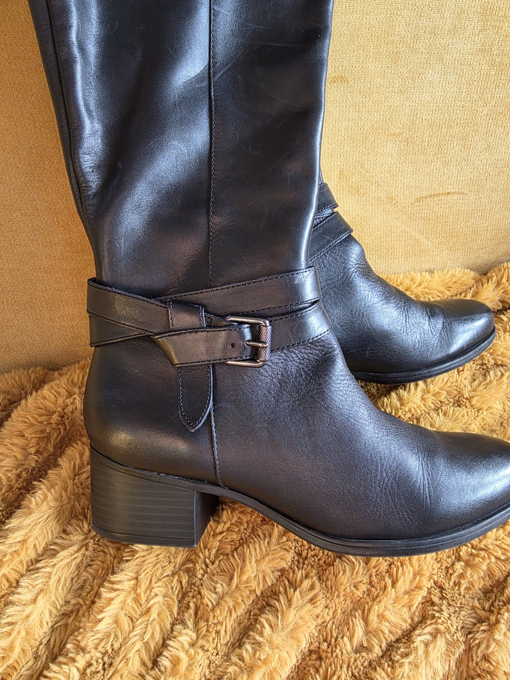 Naturalizer Black Leather Mid-Calf Block Heel Boots